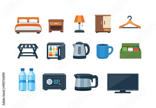 Guest room amenities flat style: hotel bed, pillow, duvet, bedside table, bedside lamp, wardrobe cabinet, clothes hanger, luggage rack, minibar fridge, electric