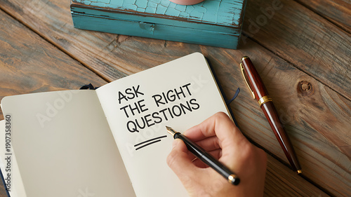 Hand Writing in Notebook with Pen on Wooden Desk with Inspirational Quote Ask the Right Questions