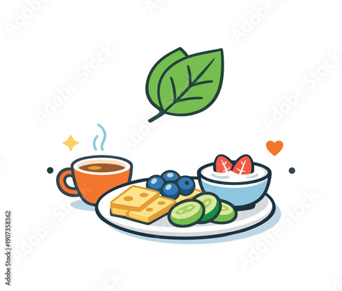 Calm daily habit of preparing a light and nourishing afternoon break without stress or hurry, a small snack plate paired with a leaf icon representing mindful