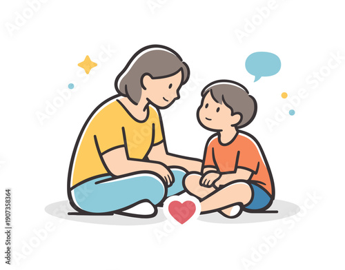 Gentle parent child moment emphasizing listening and emotional support in daily life, an adult and child sitting close on the floor with a small heart shape