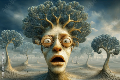 Surreal Portrait of a Horrified Face with Tree-Like Hair Under a Gloomy Sky