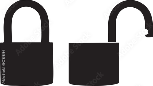 Two black padlocks one open and one closed on white background