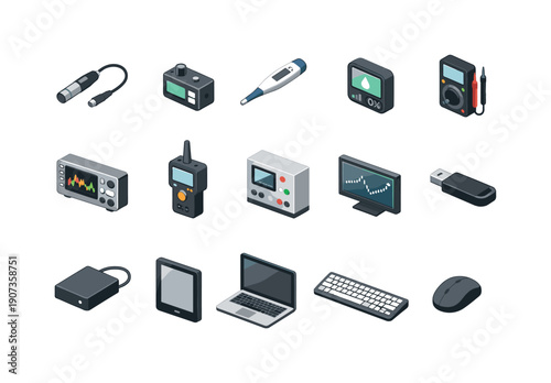 Data analytics measurement and monitoring devices in simple isometric flat vector style: sensor probe, data logger, thermometer, hygrometer, multimeter