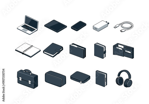 Business travel work essentials in simple isometric flat vector style: laptop, tablet, smartphone, powerbank, charger, cable, notebook, pen, planner, document
