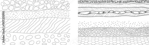 Geology, sediment, soil, rock, strata, layer, texture, formation, earth, ground, environment, science, vector, illustration, design, graphic, layout, minimal, stylized, pattern