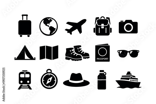 Travel Experience in silhouette style: suitcase, globe, airplane, backpack, camera, tent, map, hiking boots, passport, sunglasses, train, compass, hat, water