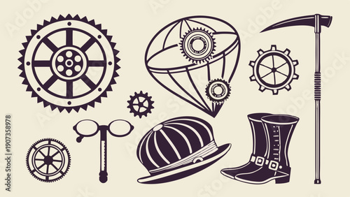 Steampunk Gear Icons Set Vintage Technology Elements for Victorian Adventure Game Design and Retro Web Graphics Projects