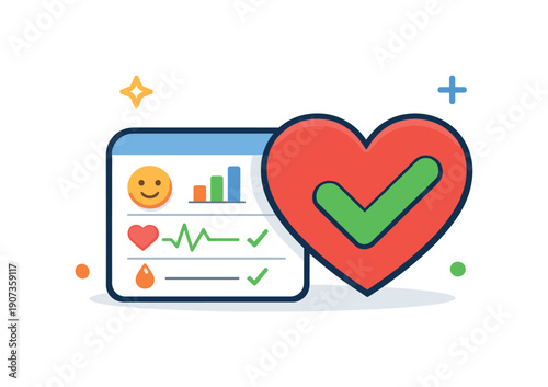 Personal wellness tracking and preventive self-care mindset for everyday health, a simple dashboard card paired with a heart icon and a checkmark representing