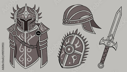 Fantasy Warrior Armor Set Game Asset Design Knight Helmet Shield Sword Icon for RPG Development