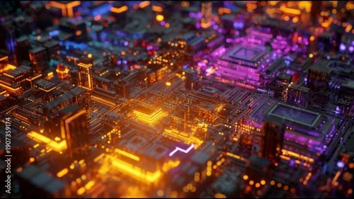 Vibrant microchip with glowing orange and purple circuits