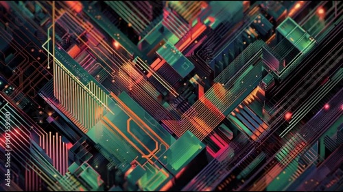 Vibrant circuit board with colorful neon lights and complex wiring