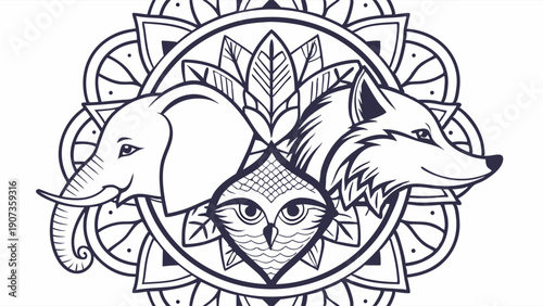 Elephant Fox Owl Mandala Tattoo Design Spiritual Wisdom Animal Totem Logo Icon for Balance and Intuition Guidance