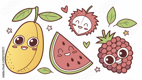Cute Kawaii Fruit Characters for Kids Food Branding Summer Menu Design Happy Healthy Eating Illustration