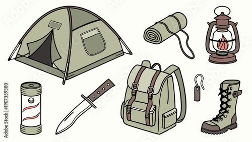 Essential Camping Gear Illustration for Outdoor Adventure Travel Web Design Hiking Survival Kit Icons
