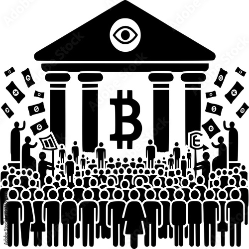 Bitcoin and the Masses: A conceptual illustration depicting the interplay between cryptocurrency, financial institutions, and the collective.
