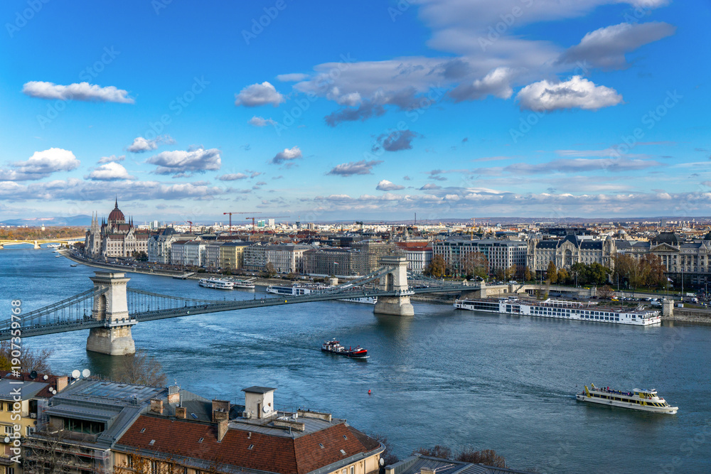 Obraz premium Old historic town Budapest, Danube river, Parliament building, Chain Bridge or Szechenyi bridge. View from Buda castle. Budapest in Hungary.