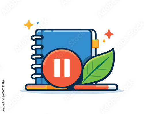 Digital wellbeing for creators balancing output and recovery cycles, a pause button integrated with a notebook and leaf expressing intentional rest, creative