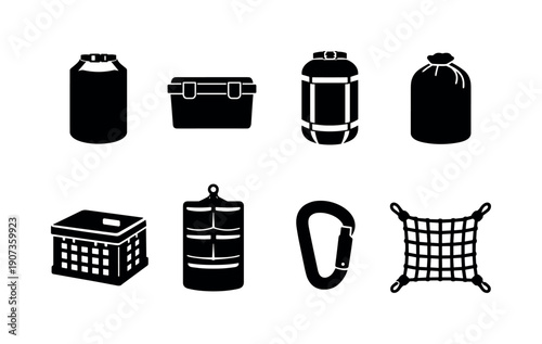 Outdoor camping storage: dry bag, gear box, compression sack, stuff sack, storage crate, hanging organizer, carabiner, cargo net