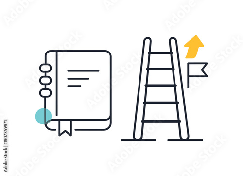 Strategic career growth and skill development in a professional context focused on long-term progress, a simple ladder leading upward beside a notebook