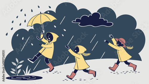 Children In Yellow Raincoats Running Through Heavy Rainstorm With Umbrella For Weather Forecast Or Seasonal Fun Website Banner