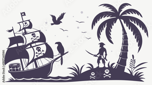 Pirate Ship Anchored Near Tropical Island Silhouette Treasure Hunt Adventure for Kids Game Design Vacation Poster