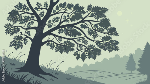 Misty Oak Tree Silhouette on Grassy Hillside for Calm Nature Backgrounds Website Design or Environmental Storytelling