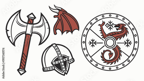 Viking Warrior Gear Set Axe Helmet Shield Dragon Icon for Fantasy Game Design Adventure Assets