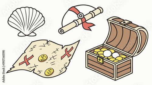 Pirate Treasure Chest Map Shell Scroll Game Assets for Adventure Web Design or Children's Book Illustration Fun