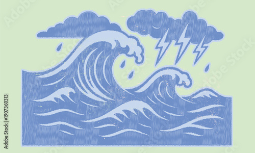 Dramatic Stormy Ocean Waves Illustration with Lightning Bolts, Hand-Drawn Scribble Art Style Graphic