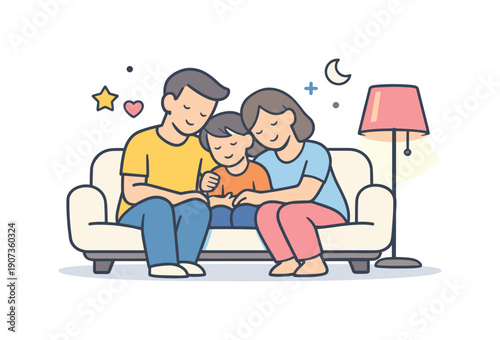 Quiet family evening centered on shared rest and emotional closeness at the end of the day, two adults and a child sitting close together on a sofa near a soft