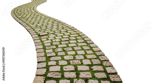 Foto Curved cobblestone path with moss isolated PNG, winding stone walkway on transpa