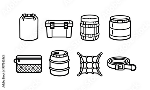 Outdoor camping storage gear: dry bag, gear box, compression sack, bear canister, mesh pouch, storage barrel, cargo net, tie-down strap