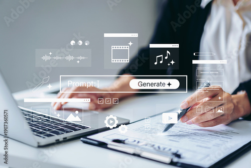 Quadro su tela Business woman working with AI prompt generation interface on laptop and tablet,