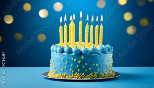 Wallpaper Mural Blue Birthday Cake With Yellow Birthday Candles On A Blue Background Torontodigital.ca