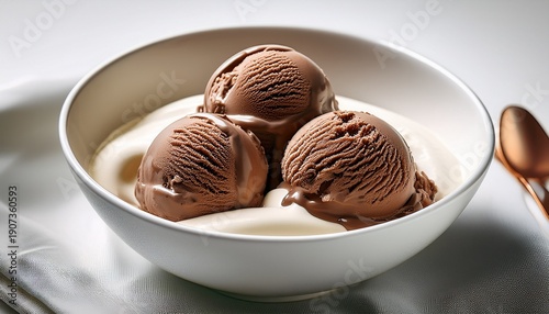 Wallpaper Mural Three Scoops Of Chocolate Ice Cream Nestled In A Creamy White Sauce In A White Bowl Torontodigital.ca