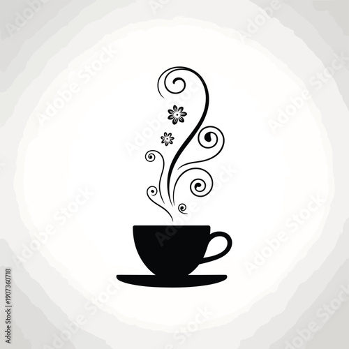 A stylized black coffee cup with swirling steam and floral accents