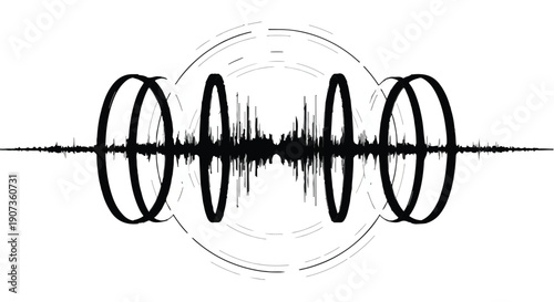 Sound wave audio frequency music waveform illustration with oscillating circles on white background for music technology concept