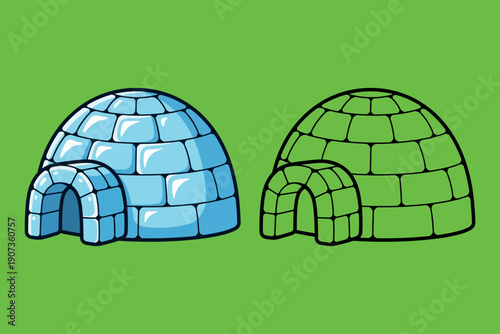 Cartoon blue and green igloos with block structure blocks