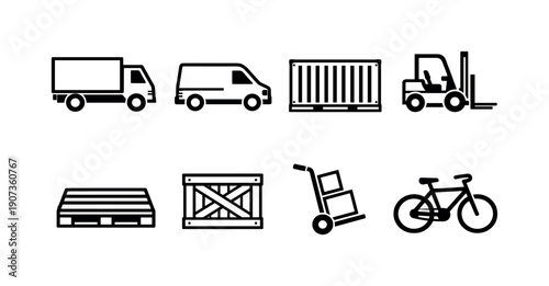 Delivery Vehicles in linear style: delivery truck, van, cargo container, forklift, pallet, crate, hand truck, bicycle