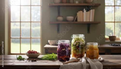 Fermented veggies in glass jars on rustic kitchen table with natural light