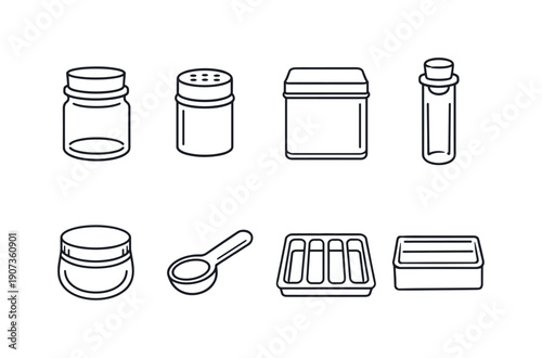 Home spice storage: spice jar, cork lid, shaker top, storage tin, glass vial, magnetic jar, measuring scoop, drawer tray