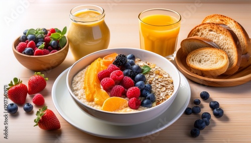 Wallpaper Mural A Delightful Breakfast Scene Featuring A Vibrant Fruit Bowl A Smoothie A Bowl Of Creamy Porridge Topped With Fresh Berries And A Side Of Toasted Bread Torontodigital.ca