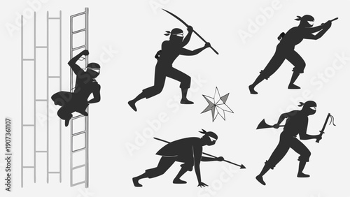 Ninja Warrior Silhouettes Climbing Ladder Fighting with Sword and Shuriken for Action Game Design or Martial Arts Promotion