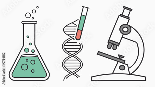 Science Laboratory Icons Featuring Flask DNA Helix and Microscope for Biology Research and Medical Education Design Projects