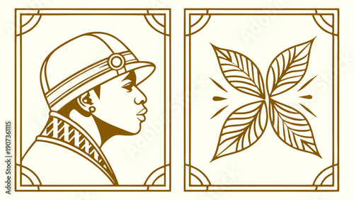 Art Deco Portrait Woman in Cloche Hat and Botanical Motif for Vintage Branding Luxury Packaging Design