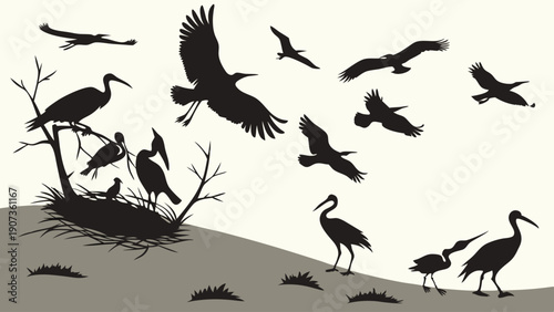 Bird Colony Nesting Scene Silhouettes Flying Wading Ibis and Raptors for Nature Conservation Web Design Projects