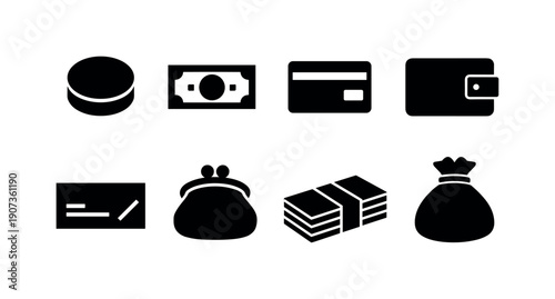 Payment Methods in silhouette style: coin, banknote, credit card, wallet, cheque, purse, cash stack, money bag
