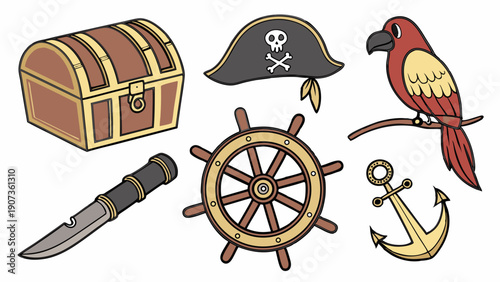 Pirate Treasure Chest Ship Wheel Anchor Parrot Knife Set for Kids Adventure Game Design or Party Decoration Graphics