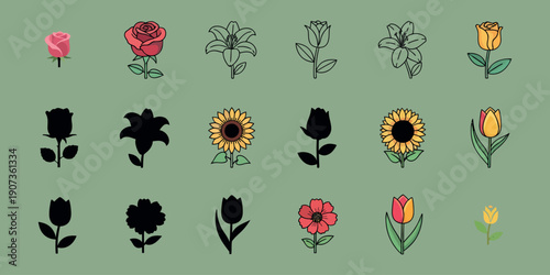 Colorful flower on green background flowers roses sunflowers tulips lilies