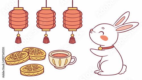 Charming White Rabbit Celebrating Lunar New Year with Tea and Waffles Under Red Lanterns for Festive Asian Holiday Design